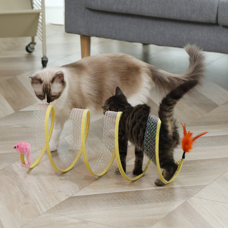 Foldable tunnel, mouse-shaped balls, and stick: fun cat play set