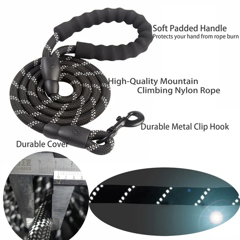 Reflective Rope Leash for Large Dogs: Durable, Strong Traction, Round Nylon Lead