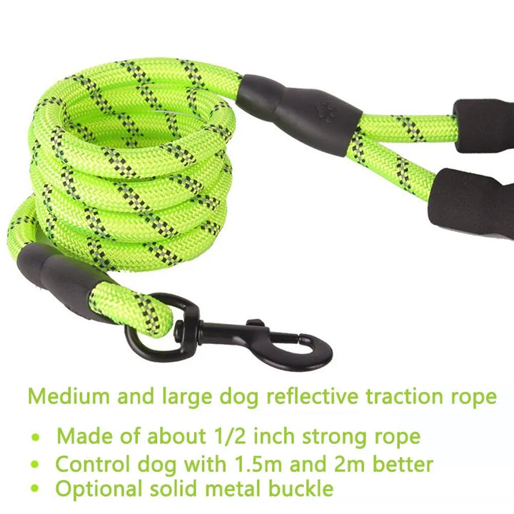 Reflective Rope Leash for Large Dogs: Durable, Strong Traction, Round Nylon Lead